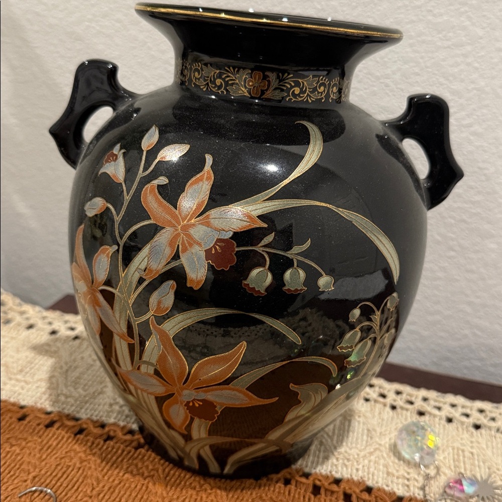 Floral Black Vase with Handles
